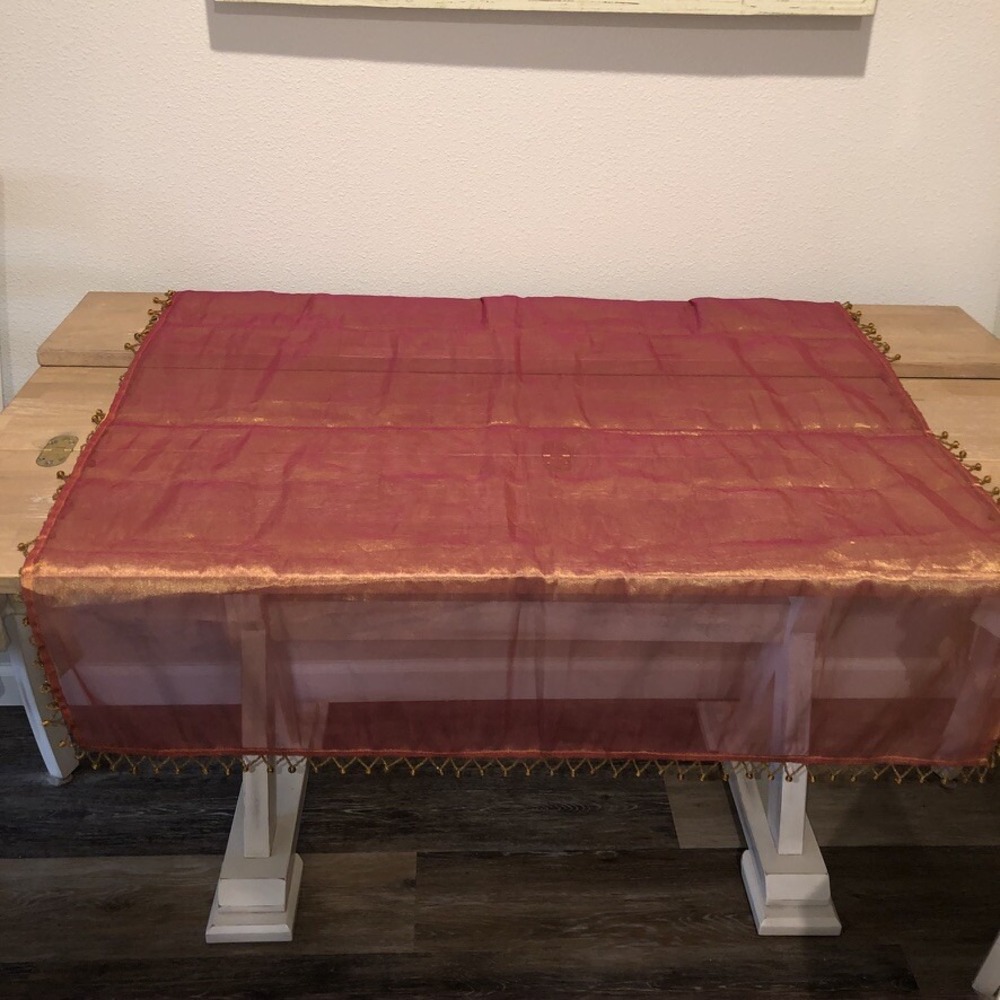 Autumn Organza Tablecloth Topper 38" Sq Orange Iridescent Bead Hem Sheer As Is